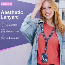 OffiEase Retractable Lanyard with ID Card Badge Holder - Heavy Duty Lanyards for Neck Strap Key with Safety Breakaway Extender Extendable Reel Keychain Keyring Kids Men Women （Blue Flower）