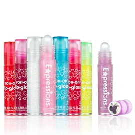 Expressions 8pc Roller-Ball Glitter Lip Gloss Set, 8 Assorted Fruit Flavored Roll On Rollerball Lip Gloss for Kids, Safe, Non Toxic Kids Makeup Set