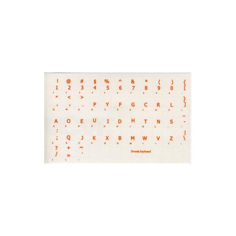 Dvorak Keyboard Decals ON Transparent Background with Blue, Orange, RED,