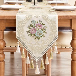 Loom and Mill Elegant Table Runner 13x108 inch, Floral Jacquard Fabric Dining Table Runners with Tassel, Great for Home Table Setting Kitchen Dresser Party Holiday Decor(Pearly Beige, 13x108in)