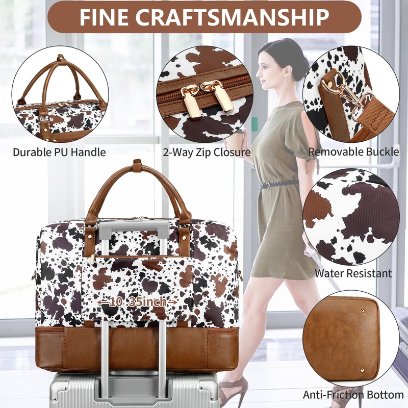 3PCS Weekender Bags for Women Large Overnight Bag, Brown Cow