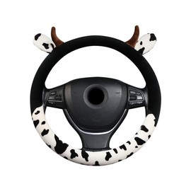 Cow Plush Car Steering Wheel Cover Universal Fit 15in Non-Slip Cute Cow Print Steering Wheel Protector Pad Soft Elastic Circular Steering Wheel Car Decor for Auto SUV Sedan Van Truck Men Women