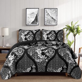 Black Quilt Set King Size, Boho Damask Bedspread Coverlet Set Soft Lightweight Microfiber Bedding Set 3 Pieces for All Season (104"x90")