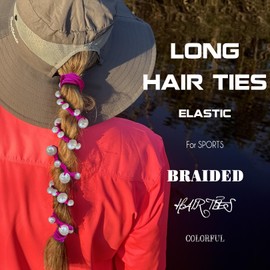 Cute Pearl Hair Ties for Women Hand Braided Sport Ponytail Holders Long Pony Tail Wrap for Workouts, Daily Use, Beach,Swim,Surf,Diving Tangle Free Hair Accessories -2 Packs,Hot Pink