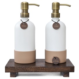 Finisterra White Hand and Dish Soap Dispenser Set With Tray - Boho Bathroom and Kitchen Soap and Lotion Dispenser Set - Luxury Hand Soap Dispenser