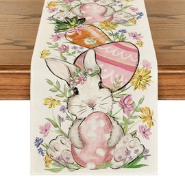 Artoid Mode Bunny Rabbit Egg Flower Easter Table Runner, Seasonal Spring Kitchen Dining Table Decoration for Home Party Decor 13x90 Inch