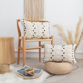 LIGICKY Set of 2 Boho Lumbar Pillow Covers Decorative Woven Throw Pillows Rectangle Pillow Sham Black and Beige Off White Pillowcase for Couch Sofa Bed Car 12x20 Inch