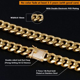 GOLD IDEA JEWELRY 14k Gold Plated Stainless Steel Thick Miami Cuban Link Chain with Lab Diamond Clasp Men's Hip Hop Necklace or Bracelet (14k-gold-plated(12mm wide), 22)