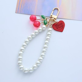 Zhuluck Cute Pearl Bow Key Chain Phone Charm Heart Pendant Beaded Bowknot Red Cherry Keychains for Women Bag Charms Lovely Key Rings for Car Keys Women's Keyrings Ring Accessories