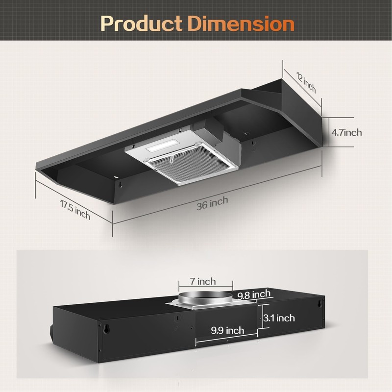 Zomagas Under Cabinet Range Hood 36 inch, Ducted/Ductless Vent Hood