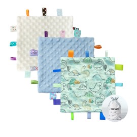 CREVENT Tag Security Blankets for Babies, Soft Small Loveys for Girls, Baby Comforter Sensory Blanket, Great Gifts for Birthday Baby Shower 10"X10" (Dinosaur+Blue+Ivory)