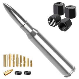 Truck Car Bullet Antenna with Valve Stem Caps Mast for GM Chevy Silverado 1500 2500 3500 HD Ford F150 F250 F350 Denali Heavy Pickup Jeep Truck Accessories (Chrome)-Car wash Safe