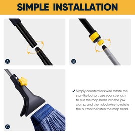 Yocada Looped-End String Wet Mop Heavy Duty Cotton Mop Commercial Industrial Grade Telescopic Iron Pole Jaw Clamp Floor Cleaning 55.1 inch