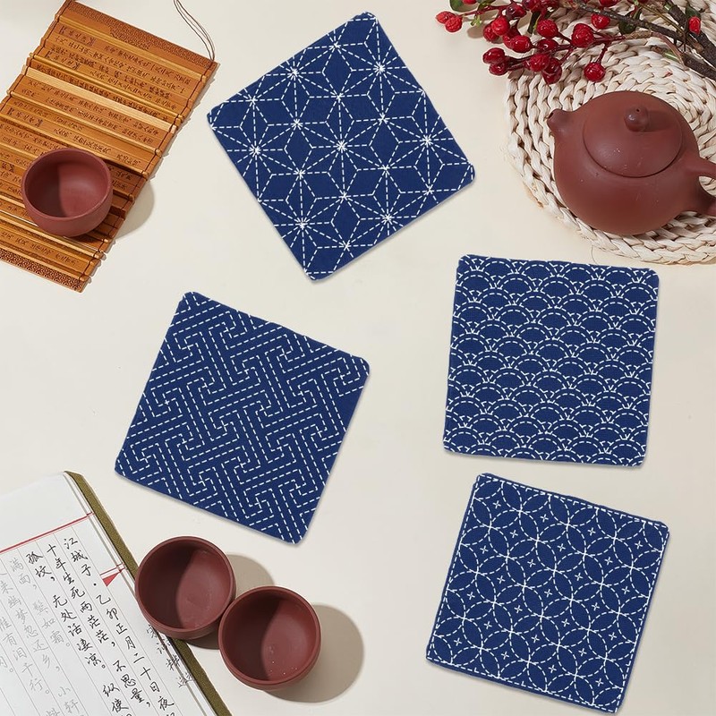 FREEBLOSS 4 Set Sashiko Coasters DIY Kit with Instructions Pre-