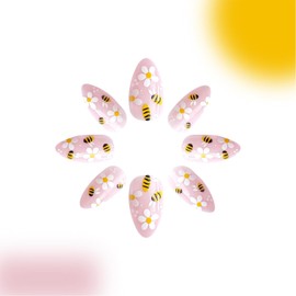 Flower Press on Nails Medium Round Fake Nails with Designs Bee Cute Spring Summer Floral False Nails Nude Pink Full Cover Acrylic Nails Glue on Nails Glossy Stick on Nails for Women Girls Decor 24Pcs