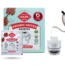 Hapii Organic Coffee Ground, 100% Arabica Vietnamese Coffee, Medium Roast, Smooth, Convenient, and Flavorful - Pack of 6