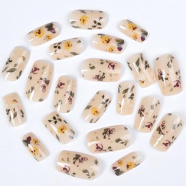Flower Press on Nails Short Fake Nails Full Cover Marble Acrylic Nails with Designs Square Shaped Stick on Nails Glossy Artificial Nails for Women Nails Manicure Decoration 24 Pcs