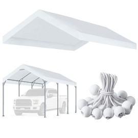 10'x20' Upgraded Carport Replacement Top Canopy Cover for Car Garage Shelter Tent Party Tent with Ball Bungees White (Only Top Cover, Frame is not Included)