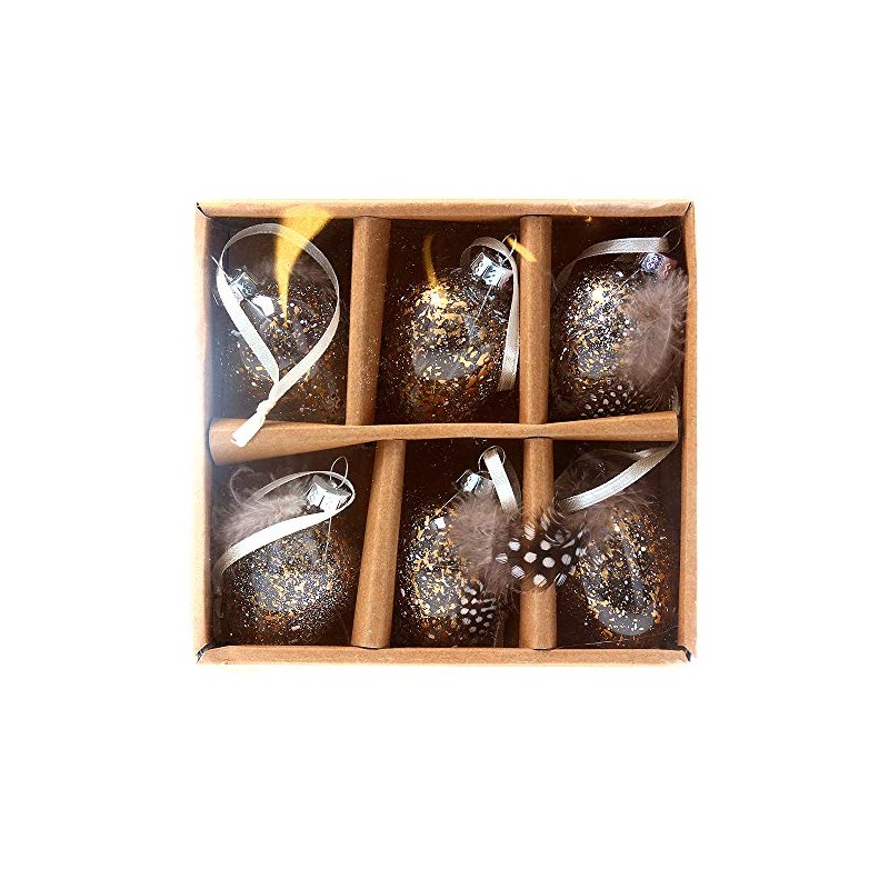 Gisela Graham Easter Egg Decration Pack 6 Gold Speckled/Natural Feather