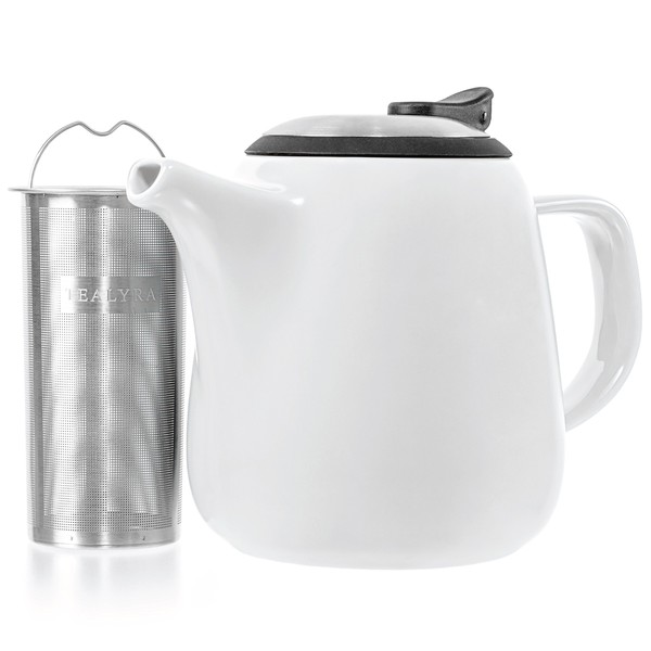 Tealyra - Daze Ceramic Teapot in White - 27-ounce (2-3 cups) - Small Stylish Ceramic Teapot with Stainless Steel Lid and Extra-Fine Infuser To Brew Loose Leaf Tea