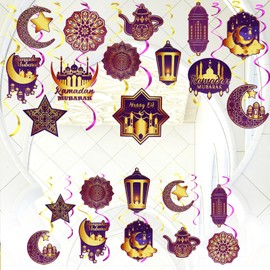 N&T NIETING 53pcs Eid Mubarank Eid Al Adha Hanging Swirl Decorations Home 2024, Eid Al Fitr Ceiling Decor Streamers with Moon Star Mosque, Eid Foil Swirls Gifts Supplies for Ramadan Party, Blue