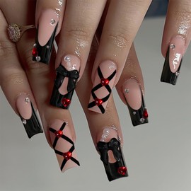 Noerrors Mittellange falsche Nägel, 34 Stück Goth Black French Tip Press on Nägel mit Bow Charm Pearl Squoval Designs, 3D Cute Red Gems Fake Nails, Glossy Dark Style Fake Nails