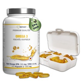 Omega 3 Fish Oil 410 Capsules, High Dose 4000 mg Daily Dose, Pill Box, 720 mg EPA + 480 mg DHA per Daily Dose, Absolute Premium Quality, No Additives, Very High Purity and Bioavailability
