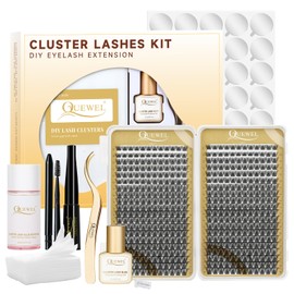 Individual Lashes 480 Cluster Lashes QUEWEL DIY Lash Extensions Kit, Eyelashes Applicator, Lash Cluster Glue Remover, Long-lasting Lash Glue and Overnightseal for Beginner to Apply(Natural D MIX)