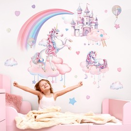 Fufuquare Removable Cartoon Rainbow Pink Clouds Wall Sticker Castles and Unicorns Wall Sticker for Girls Bedroom Living Room