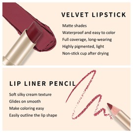Boobeen 2 Pcs Lip Liner and Lipstick Set, Ultra-Long-Lasting Nude Matte LipLiner High Pigmented Soft Creamy Lipstick Waterproof Lip Color, Lip Makeup Gift Kit for Women