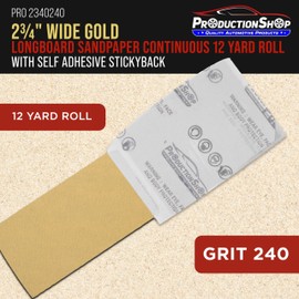 ProductionShop Premium 240 Grit PSA Gold Longboard Sandpaper, 2-3/4" Wide Continuous 12 Yard Roll - Self Adhesive Stickyback for Autobody Paint, Wood Air File Long Board Sanders, Hand Sanding Blocks