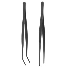 sourcing map Stainless Steel Tweezer 9.8 Inch Long Curved Straight Serrated Tip Tweezers Multi-Purpose Kitchen Tongs for Cooking Gardening Repairing Craft, Black