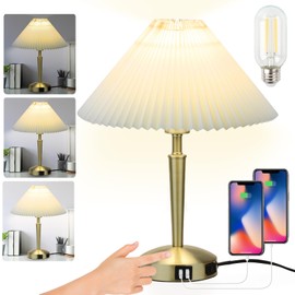 Touch Bedside Table Lamp - Modern Small Lamp for Bedroom Living Room Nightstand, Desk lamp with Fabric Lamp Shade, Warm LED Bulb, 3 Way Dimmable, Simple Design Mother's Day Gifts (Gold)