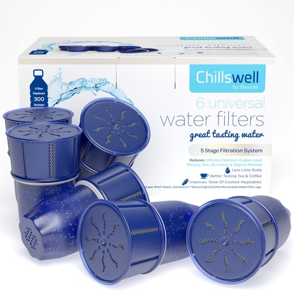 Chillswell Universal Longlife Water Filters 6 Pack (One Year Supply), BPA Free, Activated Carbon Filter Cartridges Fits Coopers, Brita Classic, Sainsburys, Boots, Aldi & Wilko Water Jugs