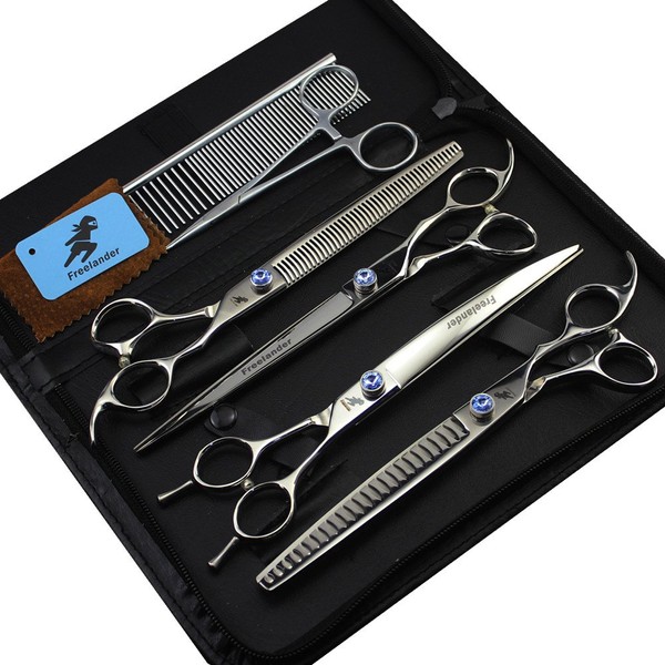 8 inch Professional Pet Hair Grooming Scissors Thinning Shear & Straight Edge Shear & Curved Scissors & Chunker Shears and Top Japanese 440C Stainless Steel with Pet Grooming Comb
