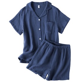 Hill Top Cloud Men's Pajamas, Short Sleeve, 100% Cotton, Gauze Pajamas, Summer, Room Wear, Top and Bottom Set, Loungewear, Open Front, Loose, Sweat Absorbent, Breathable, Skin-friendly, Men's navy