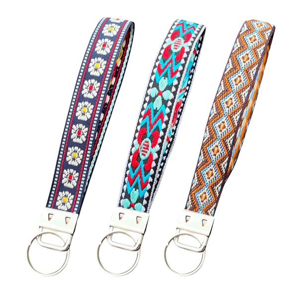 Ouqiesli 3 Pcs Fabric Handmade Embroidered Wristband Keychain, Boho Style