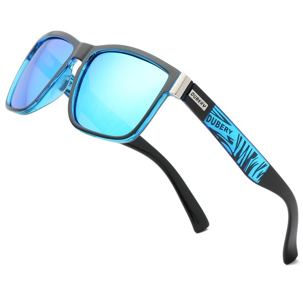 DUBERY Vintage Polarized Sunglasses for Men Women Retro Square Mirrored Lens Sun Glasses D518, Blue