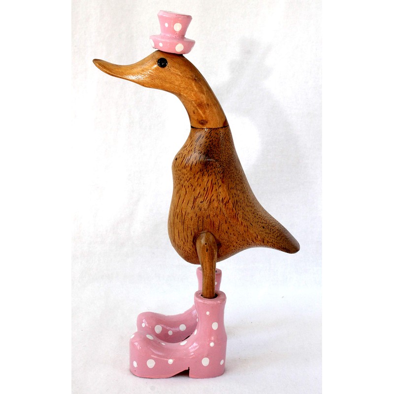 dekoundmeer Wooden Duck 25cm Handmade with Pink Boots and Hat