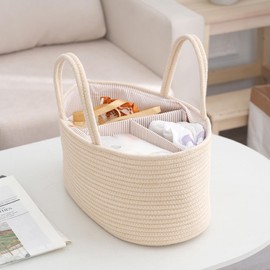 MCHERRY Baby Nappy Caddy, Nappy Organiser, Stylish Nursery Bohemian Cotton Rope Storage Basket, Portable Car Organizer with Removable Inserts, for Storage Nappy and Necessities, 38 x25 x18 CM (Beige)