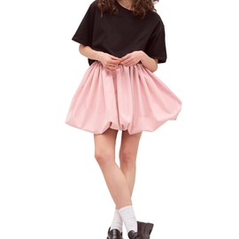 ZHANCHTONG Women's Elastic Waist Bubble Mini Skirts with Adjustable Drawstring, Pink, Small