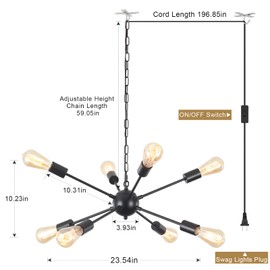 8 Lights Plug in Chandelier Black Hanging Lamp Plug-in Pendant Light Hanging Lights with Plug in Cord 16.4ft Sputnik Ceiling Light for Dining Room,Living Room,Bedroom Foyer Kitchen Island