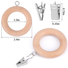 24 Pack Wooden Curtain Rod Rings with Drapery Clips Farmhouse Beech Wood Drapes Rings 1.5 Inch Interior Diameter Rustic for 1.1 Inch Curtain Rod Pole (Natural, Inner Dia 1.5 in)