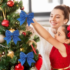 Udbrud Pack of 12 Christmas Bows Glitter Christmas Bows Bow Hanging Decoration, Christmas Tree Decoration Gift Bow, Christmas Tree Decorations Christmas Tree Bows for Crafts, Packaging (Blue)