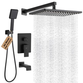 POP SANITARYWARE Matte Black Shower Tub Faucet Set Bathroom Rain Shower System with Tub Spout Wall Mounted Rainfall 12 Inch Shower Head and Handle Set Include Shower Valve and Trim Kit