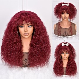 Lizzy Burgundy Curly Wig with Fringe for Black Women, Long Curly Human Hair Wig without Glue for Daily Use, Realistic Look with Real Hairline