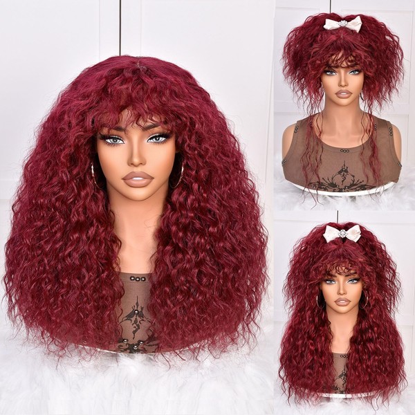 Lizzy Burgundy Curly Wig with Fringe for Black Women, Long