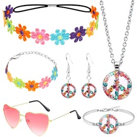 Pack of 6 Hippie Costume Accessories, Vintage 70s Flower Power Accessories with Daisy Headpiece, Love Glasses, Peace Chain, Earrings, Bracelet for Women, Carnival, Theme Parties, Disco Party, One size
