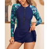 Daci Women Blue Leaf Long Sleeve One Piece Rash Guard