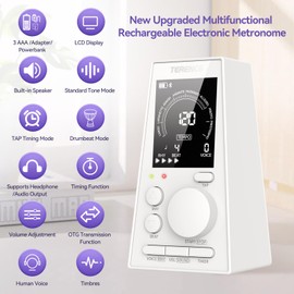 TERENCE Digitales Metronom Piano Gitarre Bass Eukliri Instrument Elektronisches Metronom mit Lautsprecher LCD Monitor Lautstärke Tempo einstellbar Timerfunktion wiederaufladbar 30-252bpm weiß